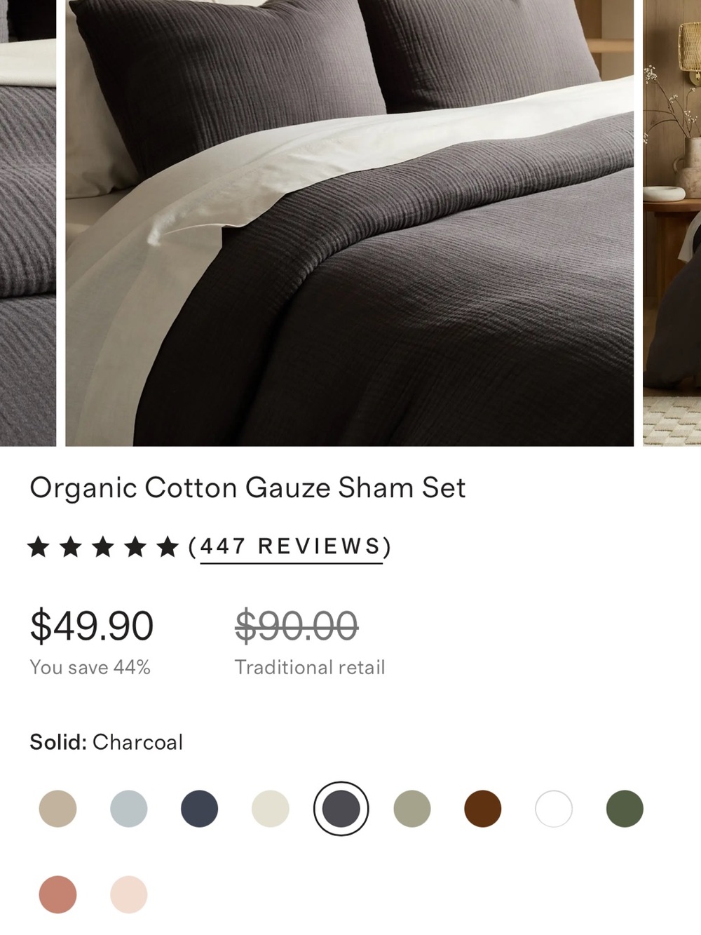 Quince Organic Cotton Gauze Sham Set - Charcoal, King size